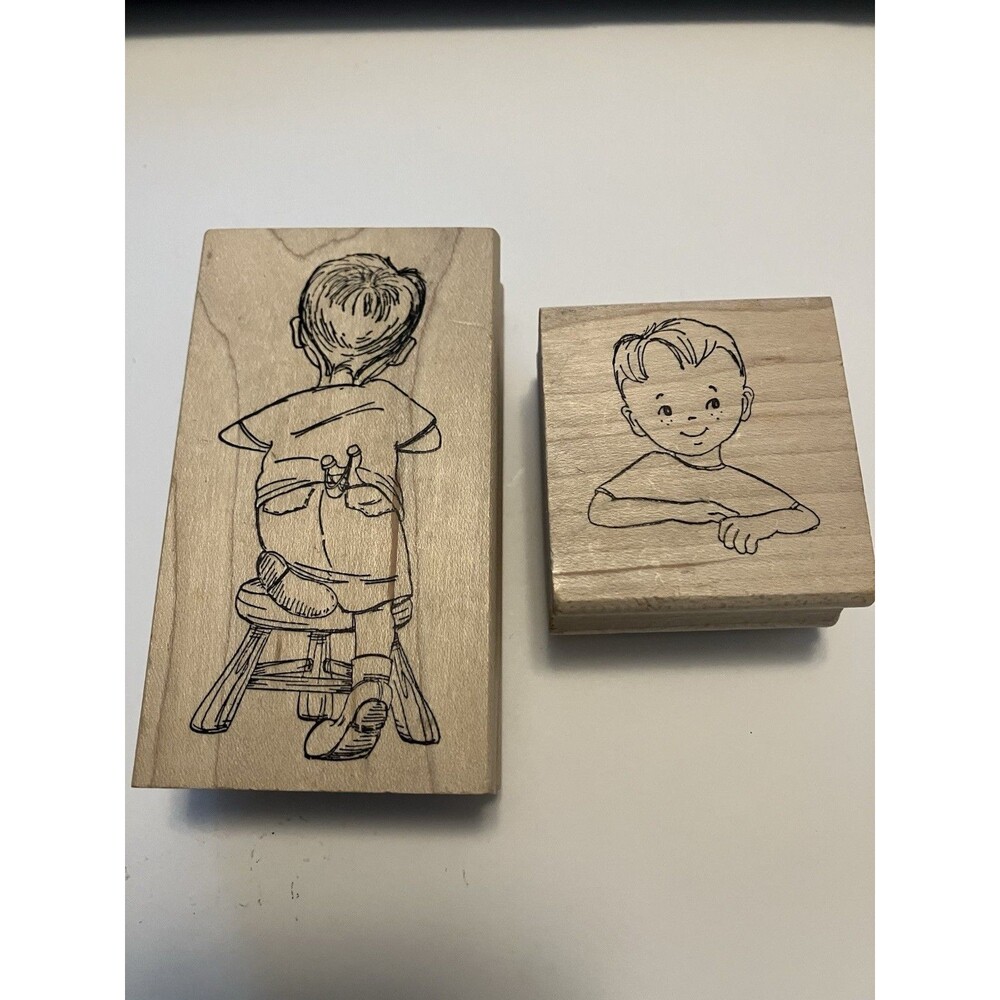 Art Impressions Boy Rubber Stamps Face Back Stool Slingshot Wood Mount Q-1524